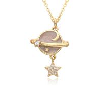 Hao Wu Xuan Gold Color Saturn Charms Micro-inlaid Necklace for Women Planet Choker Chain Pendant DIY Jewelry Gift