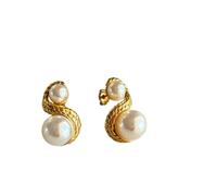 Hao Wu Xuan Gold Plated Cute Natural Pearl OOTD Stud Earrings for Women Hypoallergenic Stainless Steel Jewelry