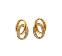 Hao Wu Xuan Gold Plated Double Circle Drop Earrings Iced Out Zircon Hypoallergenic Stainless Steel Women's Classic Jewelry Gift