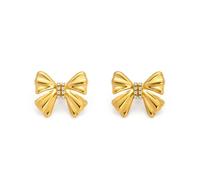 Hao Wu Xuan Gold Plated Double Row Zircon Big Bow Earrings Ring Set Stainless Steel Classic Chic Bowknot Jewelry for Women