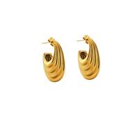 Hao Wu Xuan Gold Plated Modern Hollow Embossed C Shape Hoop Earrings Hypoallergenic Stainless Steel Daily Jewelry Women