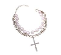 Hao Wu Xuan Gothic Crystal Cross Charm Bracelets Chain Multi-layer Silver Color Pearl Bracelet Women Girls Handmade Jewelry Gifts