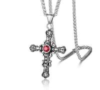 Hao Wu Xuan Gothic Men Medieval Red CZ Stone Cross Pendant Stainless Steel Necklace Chains Jewelry Accessories