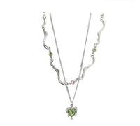 Hao Wu Xuan Green Crystal Heart Pendant Necklace Y2K Girls Double Layer Summer Fresh Sweet Luxury Clavicle Chain Women Fashion Jewelry Gifts