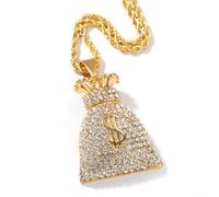 Hao Wu Xuan Hip Hop Full Rhinestones Bling Iced Out Stainless Steel US Dollar Money Bag Pendants Necklace Men Rapper Jewelry $ Sign