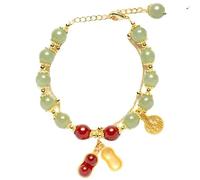 Hao Wu Xuan Hotan Jade Bracelet with Peanut Charm, Green and Red Beads, Gold Plated Double Layer Design, Women's Jewellery