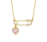 Hao Wu Xuan Inlay Safety Pin Beating Heart Necklace Pendant for Women Adjustable Chain Stainless Steel Jewelry