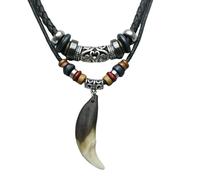 Hao Wu Xuan Men's Charm Choker Wolf Tooth Pendant Genuine Leather Necklace Retro Ethnic Style