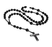 Hao Wu Xuan Mens Cross Rosary Necklaces, Hematite Pendant with 70cm Black Beaded Long Chain, Faith Prayer Jewelry