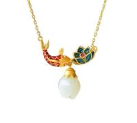 Hao Wu Xuan Natural an jade necklaces enamel fish-shaped lotus ancient gold craft pendant light luxury chinese style retro charm jewelry