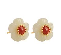 Hao Wu Xuan Natural an Jade White Flower earrings for women Vintage South Red Tourmaline Plum Blossom earings stud Chinese Style Jewelry