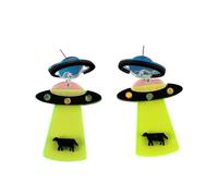 Hao Wu Xuan Neon Green Pink Spaceship Alien Drop Earrings For Women Geometric Saucerman Fluorescent Dangle Earrings Jewelry Gifts