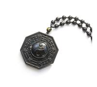 Hao Wu Xuan Obsidian Stone Taoism Necklace Black Pendant Chinese Tai Ji Ba Gua Octagon Long Sweater Chain Amulet Mascot Men Taoist Jewelry