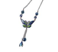 Hao Wu Xuan r blue-green enamel exquisite butterfly Necklace for Women tassel flower retro Chinese style clavicle chain jewelry