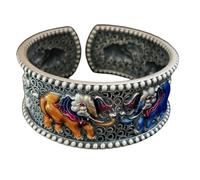 Hao Wu Xuan r Ethnic Style Enamel Colored Elephant Bracelet for Women Retro Hollow Out Design Wide Charms Bangles Banquet Jewelry