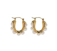 Hao Wu Xuan Retro Oval Hoop Earrings Imitation Pearl Elegant Geometric Classic Gift for Women Lightweight Everyday Wear