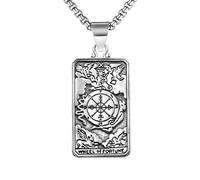 Hao Wu Xuan Retro Tarot Card Pendant Necklace For Men Women Silver Color Hip-hop Style Compass Pattern Neck Jewelry Stainless Steel Chain