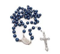 Hao Wu Xuan Rope chain Blue Glass Pearl Rosary Necklace For Men Women Long Cross Pendant fashion Jewelry gift