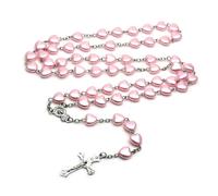 Hao Wu Xuan Rope chain Pink Plastic Peach Heart Pearl Rosary Necklace The Rosaries For Women Virgin Cross Pendant fashion fashion Jewelry gift