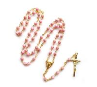 Hao Wu Xuan Rope chain Pink Rose Plastic Beads Rosary Crucifix Pendant Necklace Long fashion Pray Jewelry gift