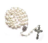 Hao Wu Xuan Rope chain White Plastic Pearl Rosary Necklace Long Vintage Crucifix Pendant fashion Pray Jewelry gift