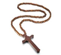 Hao Wu Xuan Rosary Necklace Large Wood Jesus Christ Cross Pendant With Wooden Beads Sweater Chain Jewelry Dad Boyfriend Valentine's Gift