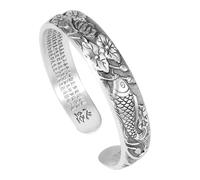 Hao Wu Xuan Silver Retro Exquisitely carved Lotus flower bracelet for women Chinese Style Charm Lotus Leaf Heart Sutra bangles Jewelry