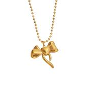 Hao Wu Xuan Stainless Steel Elegant Bow Pendant Bead Chain Necklace For Women Gold Plated Tarnish Free Romantic Jewelry Gifts