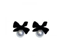 Hao Wu Xuan Sweet Black Velvet Bow Imitation Pearl Stud Earrings for Women Trend Elegant Gentle Temperament Girls Birthday Gifts