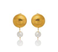 Hao Wu Xuan Vintage Pearl Chunky Round Dangle Mesh Earrings INS Trendy Pvd Gold Plated Stainless Steel Fancy Dancer Jewelry
