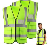 Hao Zhu 2 Pack Hi Vis Vests,Hi Vis Safety Vests with Pockets Zipper Front,Night Workwear Reflective Vest,for Traffic Work, Surveyor and Security Guard Construction Vest