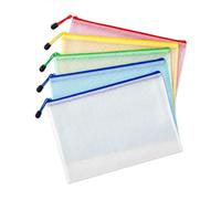 Hao Zhu Plastic Zip Wallets A5, 5 Pack Waterproof Mesh Zip Bags, 5 Colours | 5-colour A3 plastic zip wallets, waterproof mesh, smooth zip, keep docs tidy & visible for school, office & travel