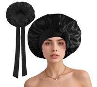 Hao Zhu Silk Bonnet,Adjustable Silk & Satin Sleep Bonnet for Sleeping Women,for Curly Hair,Non-Slip Sleep Cap Turban with Elastic Tie Band for Hair Care (Black)