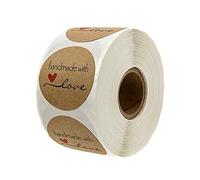 Haobase 500 Pcs Roll Kraft Paper Stickers Round Natural Kraft Handmade with Love Stickers for Baking Gift Bags Wedding Thanksgiving