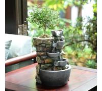 Haobos Indoor Fountain 4-Bowl Rockery Soothing Sound Tabletop Fountains Home/Office Decor Gift for Mom,Mother Day Present with A Small Plastic Pot to Grow Plant/Hebs by Yourself (Automatic Watering)