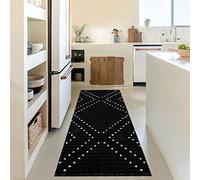 HAOCOO Moroccan Washable Runner Rug, 2'x6' Modern Geometric Hallway, Woven Cotton Diamond Kitchen Floor Carpet, Black Area for Entryway Bedroom Laundry Room Living Room