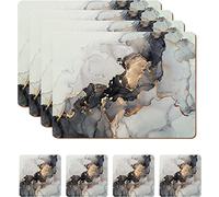 HAOCOO Placemats and Coasters Set of 4, Heat Resistant Waterproof Non-Slip Cork Placemats Table Mats for Dining Kitchen Indoor Outdoor, Easy to Clean Wipeable Place Mats 21.5 x 30cm (Grey Marble)