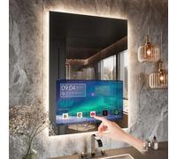 Haocrown 24x32 Inch Bathroom Vanity Mirror with 21.5" Touch Screen Smart System, Side-Lit LED Ambient Lighting, IP66 Waterproof & Anti-Fog, Streaming Apps, Speakers, Wi-Fi Bluetooth HDMI, Wall Mounted