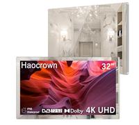 Haocrown 32" 4K Ultra HD Smart Bathroom Mirror TV, IP66 Waterproof, Android 13 OS Built-in Voice Assistant (Remote with Mic), DVB Tuner, 500 cd/㎡ High Brightness (Silver Frame, 2025 Model)