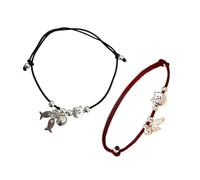 Haodream Friendship Pair with Playful Cats Fish Charm Soft Braided Black Red Threads Craft Braided Wristband Cats and Fish Couple Bracelets Set