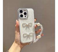 HAOFUGUI Glitter Phone Case for Honor 100 pro, with Rhinestone Bowknot Design, Transparent Soft TPU Shockproof Cover, with Bling Camera Bumper and Pearl Wrist Strap-White
