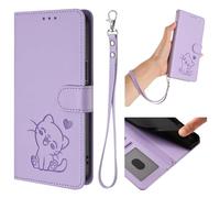 HAOFUGUI Wallet Case for Huawei Mate 70, Cute Cat Embossed PU Leather Flip Phone Cover, with Card Holder Stand Function and Detachable Wrist Strap Case Cover-Light Purple