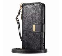 HAOFUGUI Wallet Case for Moto Edge 60 Fusion/Moto Edge 5G 2025, Floral Embossed PU Leather Phone Cover with Card Holder/Crossbody Strap/Stand, Shockproof Protective Case for Women Girls-Black