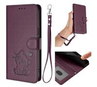 HAOFUGUI Wallet Case for Motorola Edge 5G 2025/60 Fusion 5G, Cute Cat Embossed PU Leather Flip Phone Cover, with Card Holder Stand Function and Detachable Wrist Strap Case Cover-Violet