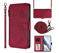 HAOFUGUI Wallet Case for OnePlus 10T 5G, Shockproof PU Leather Phone Cover with Card Slots Detachable Lanyard Kickstand, Girl Women Flower Floral Flip Wallet Case-Red