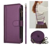 HAOFUGUI Wallet Case for Realme C25 / C15 / C12, with Card Slots Zipper Pocket Stand Function and Shoulder Strap, PU Leather Shockproof Flip Cover-Purple