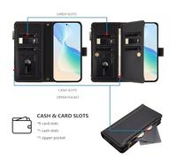 HAOFUGUI Wallet Case for Realme C25 / C15 / C12, with Card Slots Zipper Pocket Stand Function and Shoulder Strap, PU Leather Shockproof Flip Cover-Black