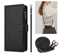 HAOFUGUI Wallet Case for Realme C25S / 7i, with Card Slots Zipper Pocket Stand Function and Shoulder Strap, PU Leather Shockproof Flip Cover-Black