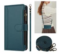 HAOFUGUI Wallet Case for Realme C25S / 7i, with Card Slots Zipper Pocket Stand Function and Shoulder Strap, PU Leather Shockproof Flip Cover-Darkgreen