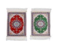 Haofy 2Pcs Rug Mouse Pad, Oriental Persian Style Cotton Fabric with Tassels, Non Slip Bottom for Gaming and Office Use, Desktop Decor with Fringed Edges, Red and Green